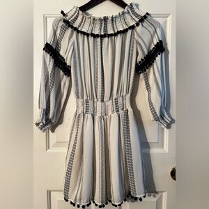 LINE + DOT Sm Resort Feminine Black White Pom Pom Gauzy Off Shoulder Mini Dress